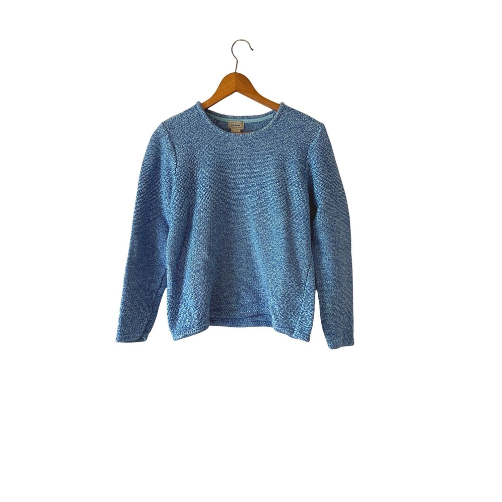 LL Bean Womens Blue Marled Cotton Crewneck Sweater Size M Preppy Coastal